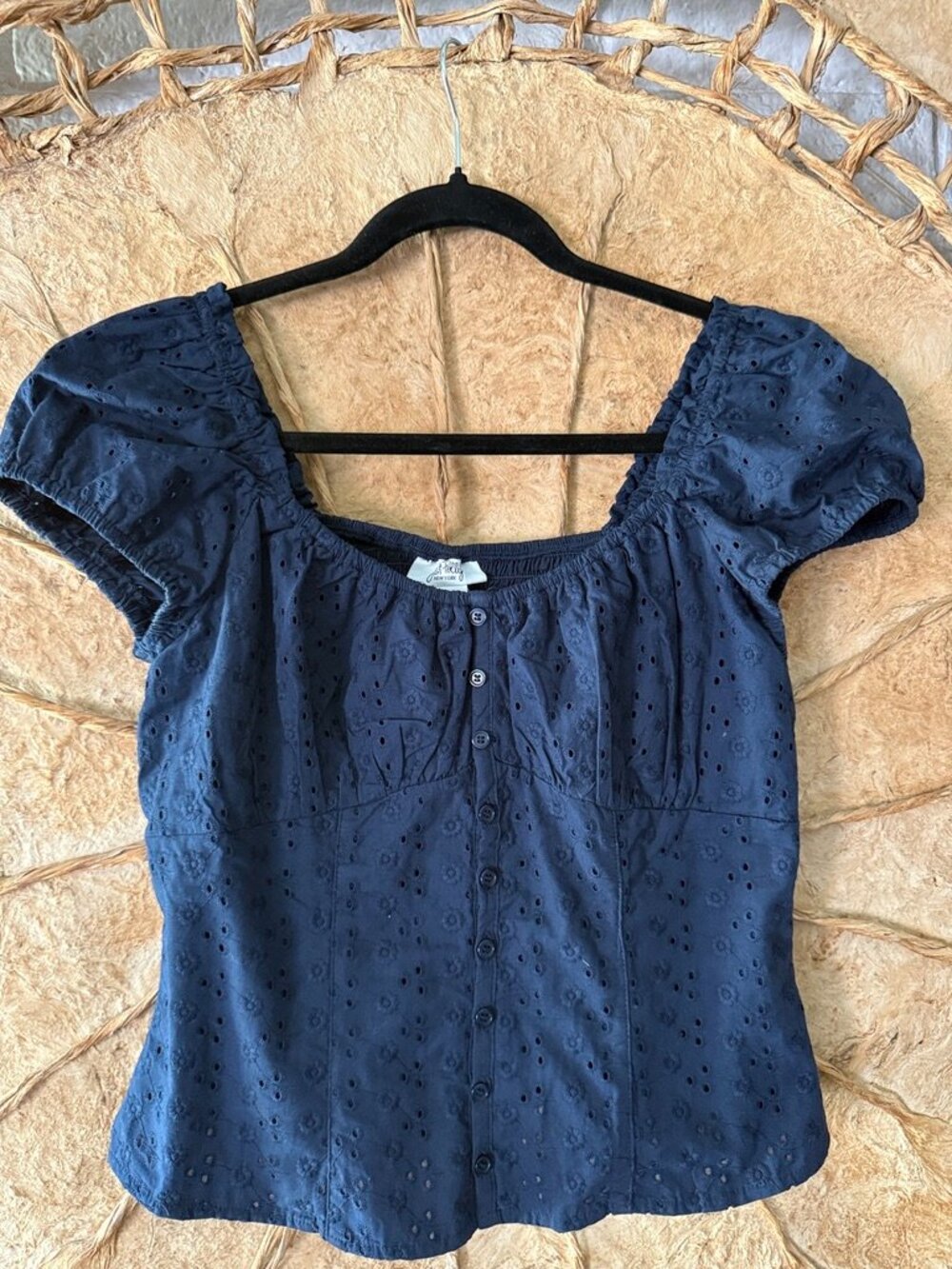 💙 Just Polly Navy Eyelet Puff Sleeve Top | Smocked Back | Size L -"Never Worn"